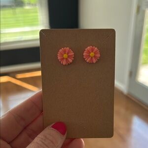 Coral Pink Daisy Stud Earrings with Yellow Center - Women Jewelry Earrings